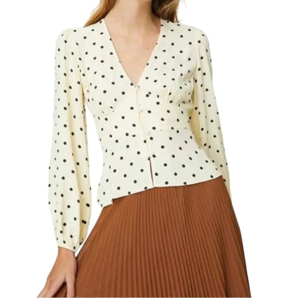 WILFRED Polka Dot Prairie Blouse Buttermilk Yellow Black Long Sleeves Size Small - Picture 1 of 12